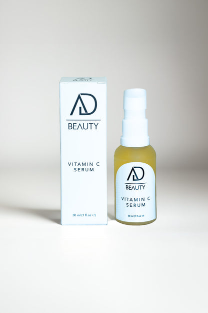 AD BEAUTY Vitamin C Serum – Produktfoto mit Flasche und Verpackung, 30 ml, vegan & hormonfrei
